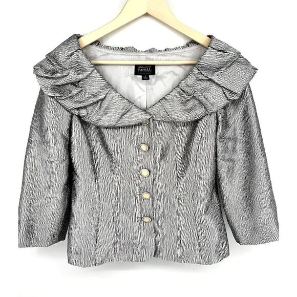 Adrianna Papell Evening Essentials Blazer Women Size 8 Metallic Silver Ruffle - Picture 1 of 5